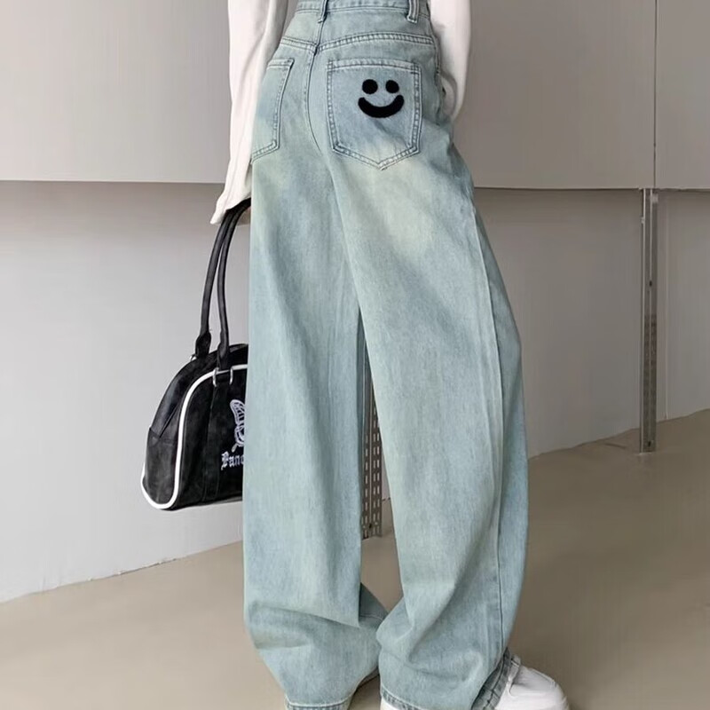 矢向牛仔裤女浅色做旧阔腿春秋笑脸刺绣高腰宽显瘦窄版牛仔裤 浅蓝长库/无腰带高品质 XS 建议75-82斤