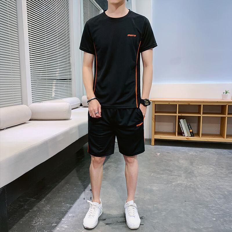 小憨鹿跑步运动套装男新款休闲夏季速干短袖五分短裤夏装健身服 zy