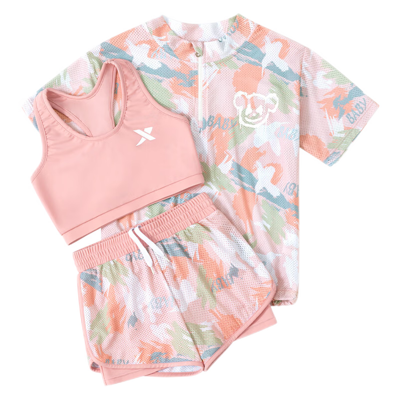 特步女童泳衣兒童女孩游泳衣小中大童初中生保守2024新款訓練泳裝 云朵粉【分體三件套】 10碼（建議身高100-110cm ）