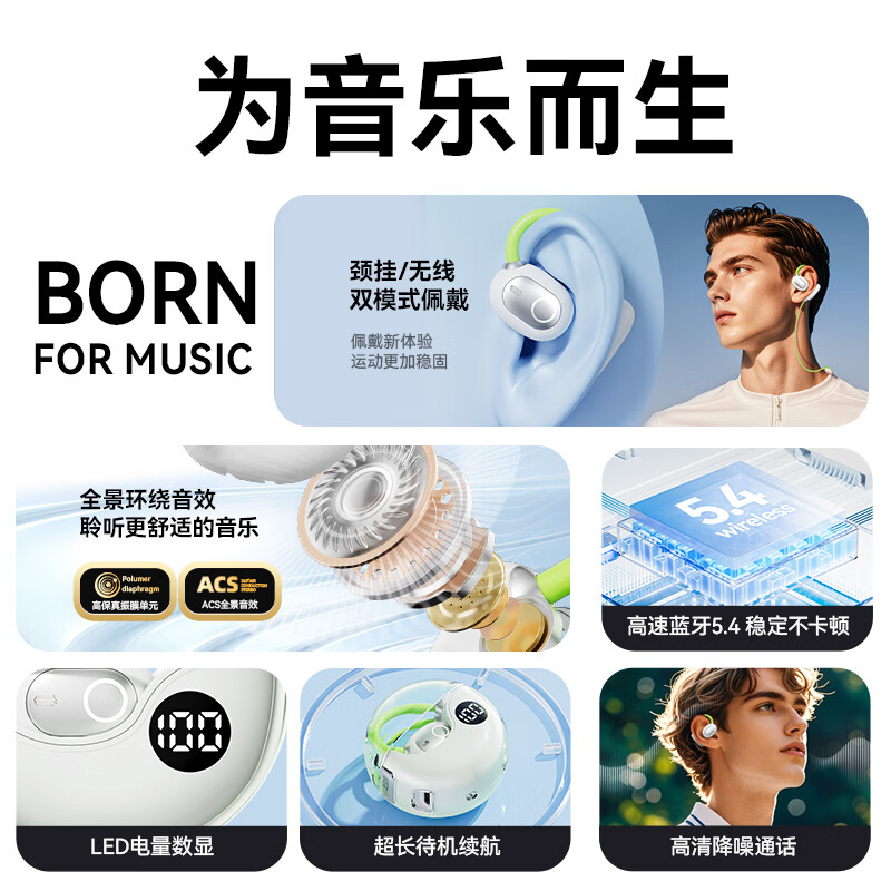 MYDUKE【2025新款丨杜比全景音效】无线蓝牙耳机骨传导概念健身运动开放挂耳式通话降噪游戏低延迟 【开放不漏音丨舒适久戴不痛】 黑