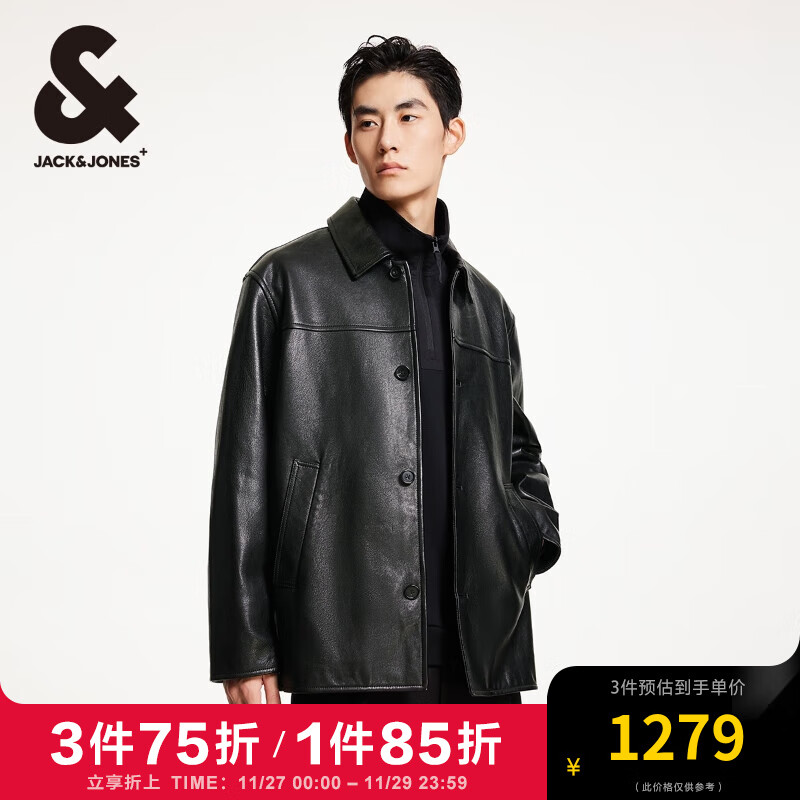 杰克·琼斯（JACK&JONES）冬季新款时尚潮流百搭舒适宽松羊皮外套纽扣翻领皮衣男224410002 E40黑色 170/92A/S