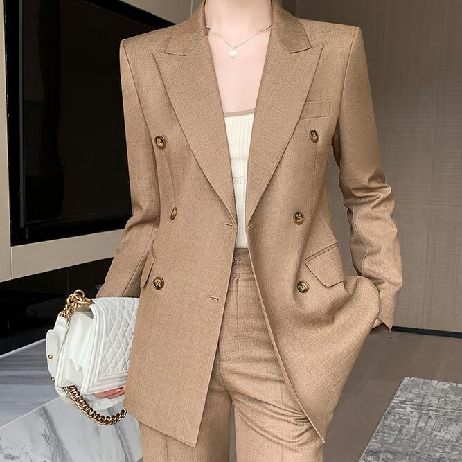 西装套装女2024春秋阔腿裤名媛高级感咖色休闲通勤洋气西服 法国品牌