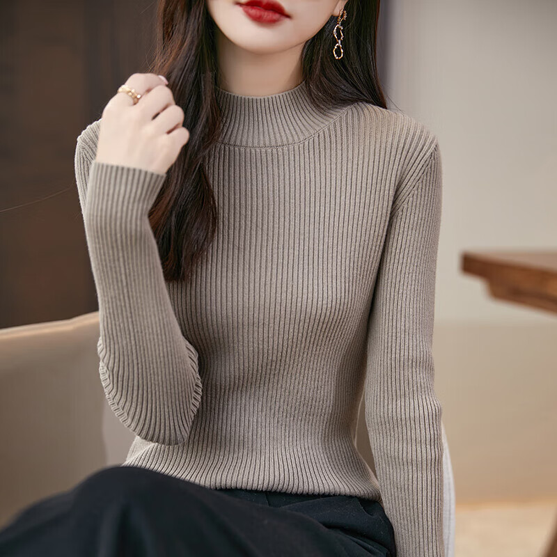 香影芬2025秋冬新款半高领棉线针织毛衣女修身内搭洋气打底衫女百搭上衣 米杏色 M (建议95-105斤)