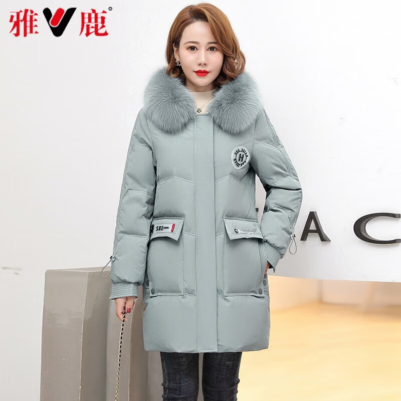 雅鹿冬装中年妈妈中长款羽绒服新款加厚大毛领保暖中老年女装外套 绿灰 L