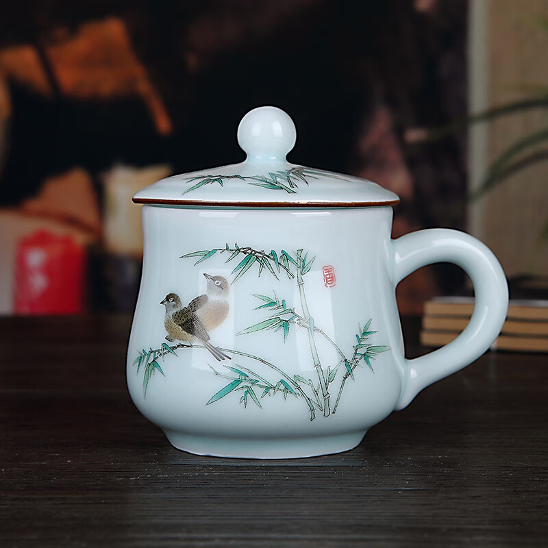 九楼阁 景德镇陶瓷茶杯带盖有手柄青瓷办公水杯350ml 6款各一个 300ml 6只
