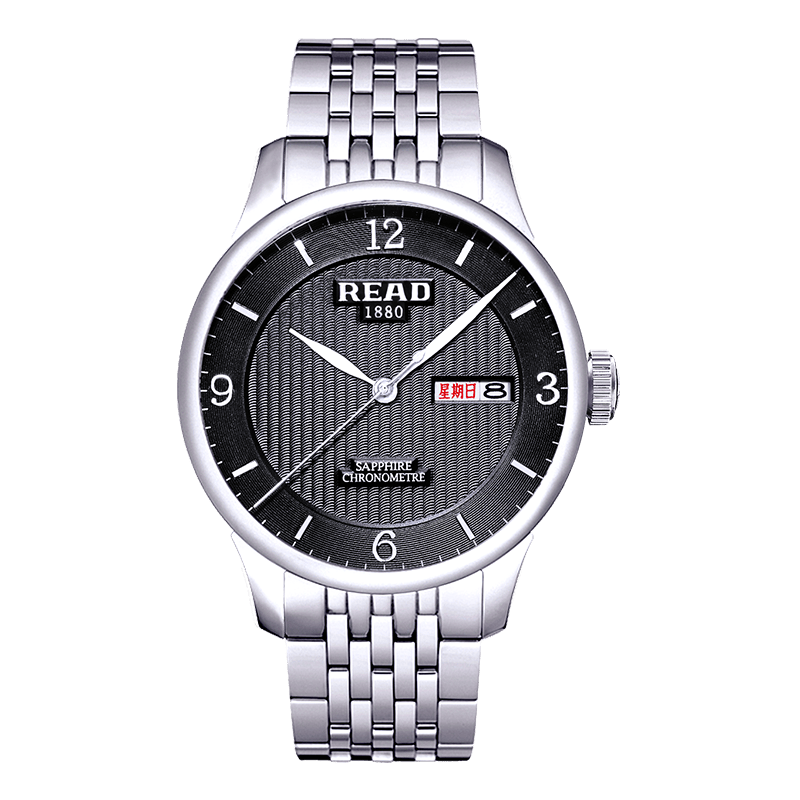 锐力日历星期双显防水男表休闲商务派对百搭男士手表 黑面数字钢带