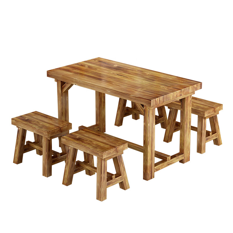 小吃商用快餐桌椅组合实木餐馆食堂餐桌烧烤碳化木桌 定制尺寸和厚度