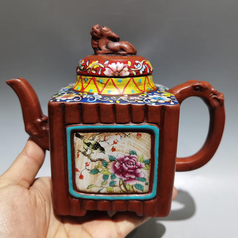 彩绘四方壶尺寸17x13cm容量400cc金沙寺僧材质原矿红泥