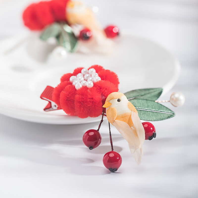 小肥啾中国风发夹仿绒花红色对夹汉服头饰古风边夹gf171 缠花小鸟对夹