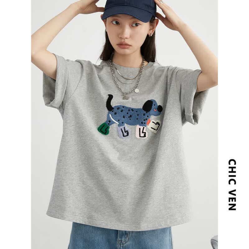 CHIC VEN 2026夏季新款时尚街头趣味小狗毛巾绣短袖纯棉T恤上衣女chicven 麻灰 M （50-65公斤）