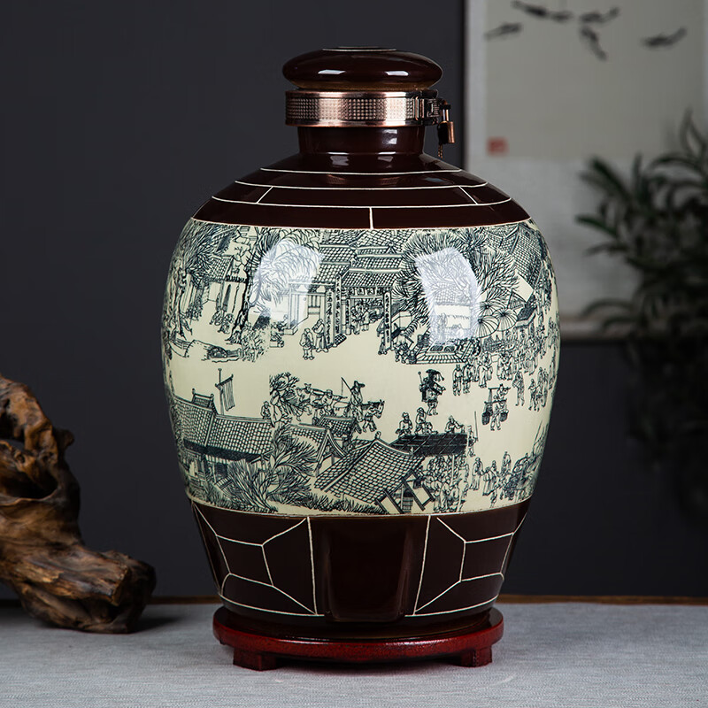 景德镇陶瓷酒坛子5/10/20/50斤装密封酒罐家用存泡酒专用空酒瓶缸 20斤黄棕清明上河图+酒提 底座