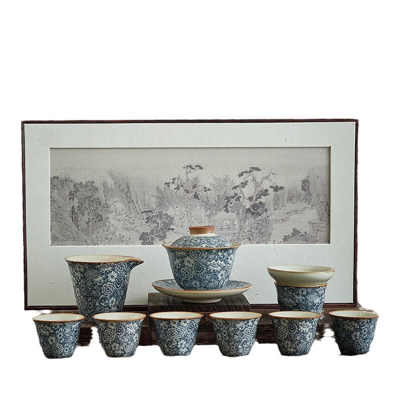 端匠汝窑繁花似锦茶具整套装日式功夫泡盖碗红绿茶家用办公高档送礼盒 万花复古汝窑茶具套装-礼盒装