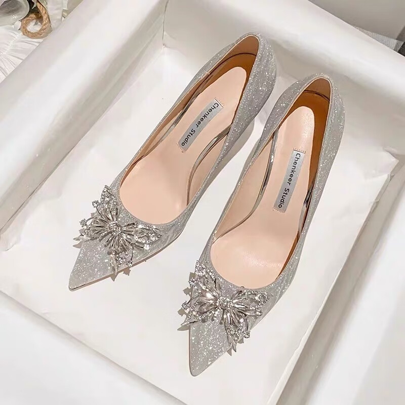 鞋2024年春夏季新款高跟鞋细跟婚纱水晶不累脚单鞋 银色(5厘米) 34
