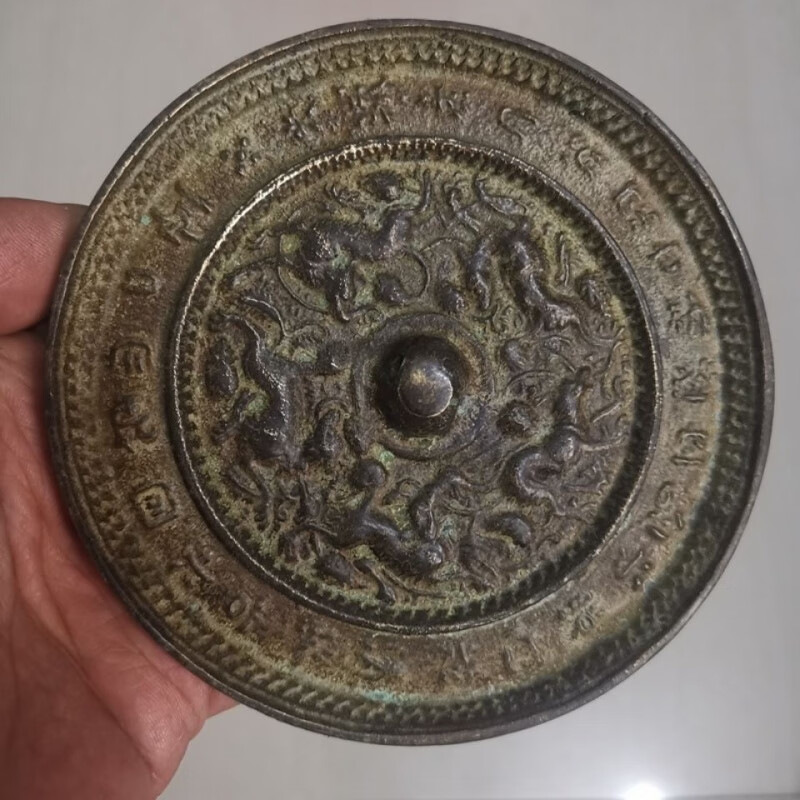仿古工藝品漢唐銅鏡黑漆古圓形銘文五獸圖案海獸復古銅鏡家居擺件