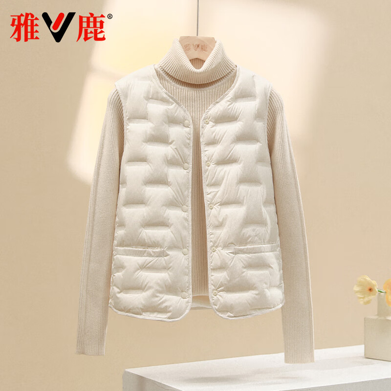 雅鹿羽绒马甲女秋冬轻薄中老年圆领开衫修身内胆保暖休闲内搭时尚外套 米白 2XL 120-135斤