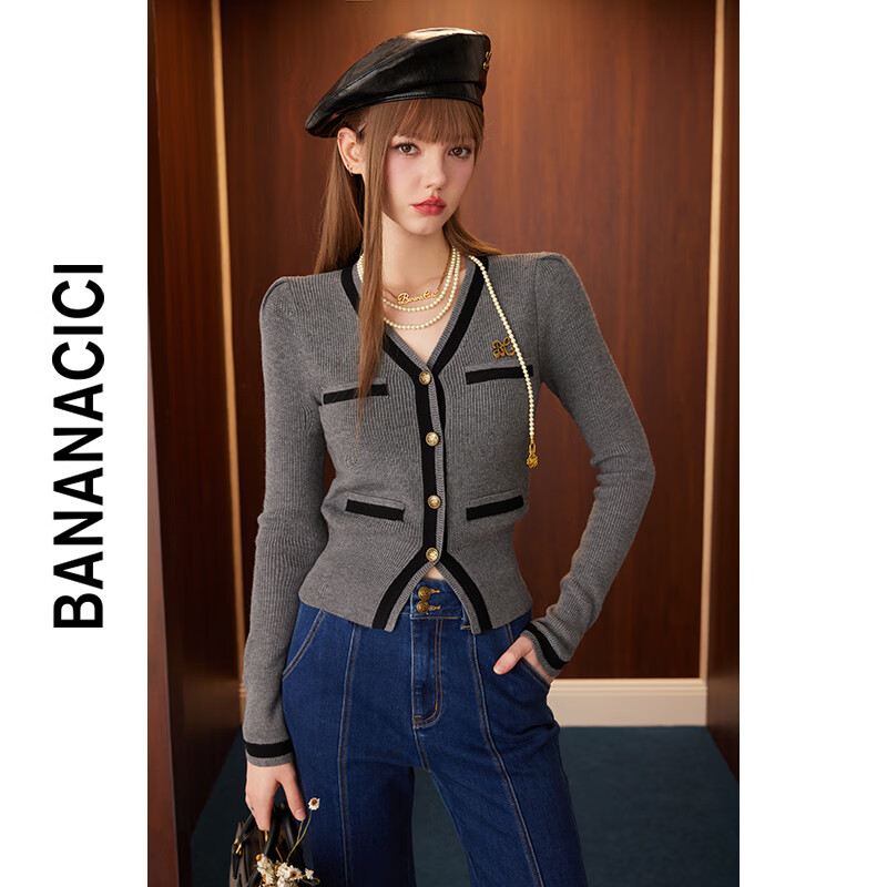 banana cici2024年秋冬新款小香风撞色v领下摆开衩泡泡袖针织开衫C244MY152 浅灰 L