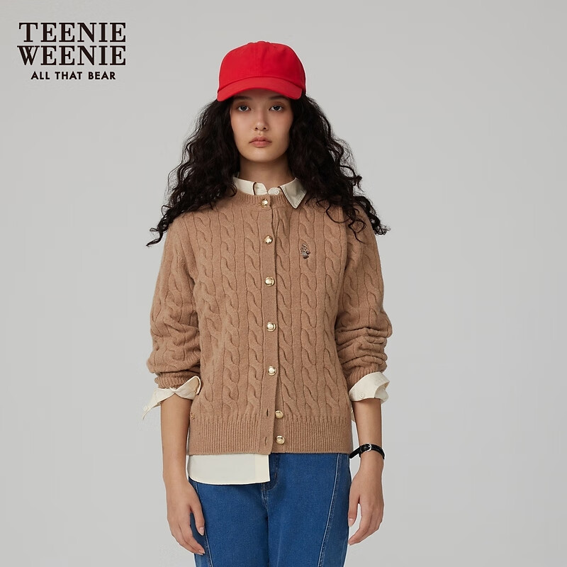 Teenie Weenie【赵露思同款】小熊女装复古宽松绵羊毛绞花针织开衫 A-卡其色 M (165)