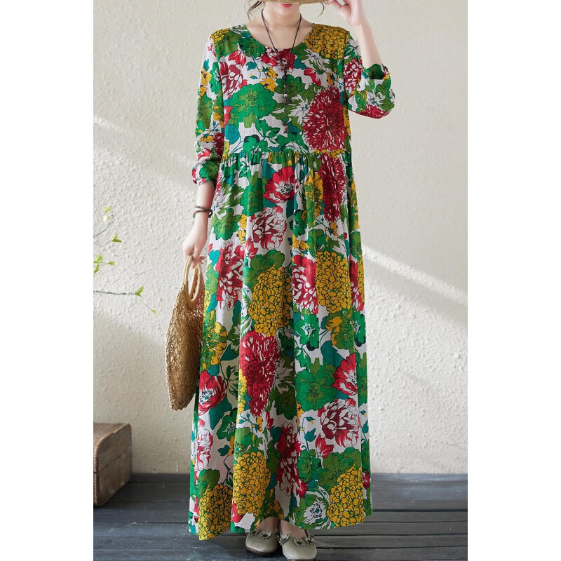 简当（JIANDANG）大码女装春季胖MM花色度假风旅游圆领复古气质长裙遮肉连衣裙1018 绿色大花-1018 L 【120-140斤】