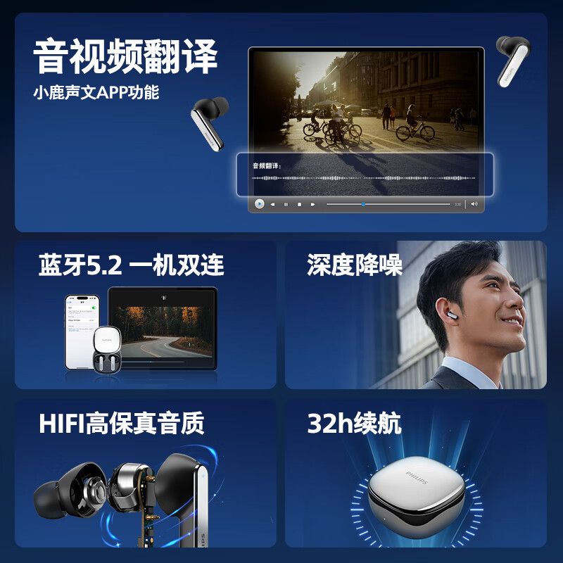 飞利浦（PHILIPS）AI真无线蓝牙耳机8号降噪商务会议助手耳机同传旅游翻译转文字通用TAT5599SL/93