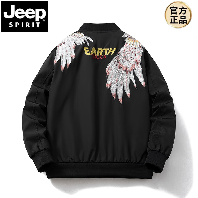 JEEP SPIRIT飛行員夾克男外套春秋冬季刺繡中國風(fēng)情侶加厚棉衣美式休閑棒球服 307黑色【薄 款】 XL