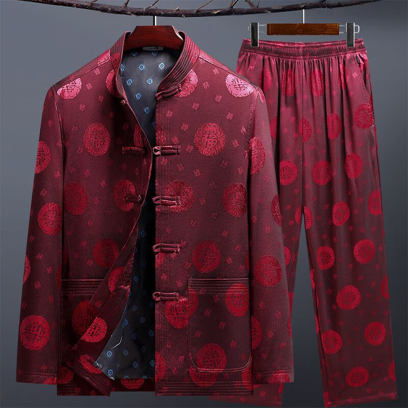 kuzhang)唐装男套装中老年长袖外套风老人过寿生日爷爷衣服爸爸春秋装