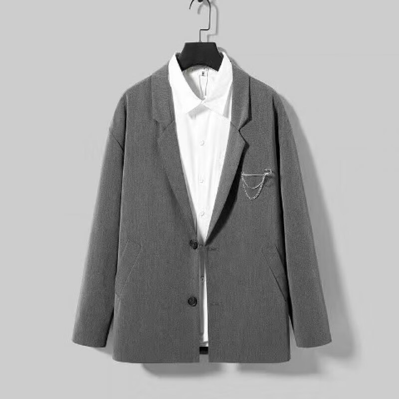 男套装夏季炸街痞帅韩版潮流宽松学生jk西服班服帅潮 灰色 s  胸针