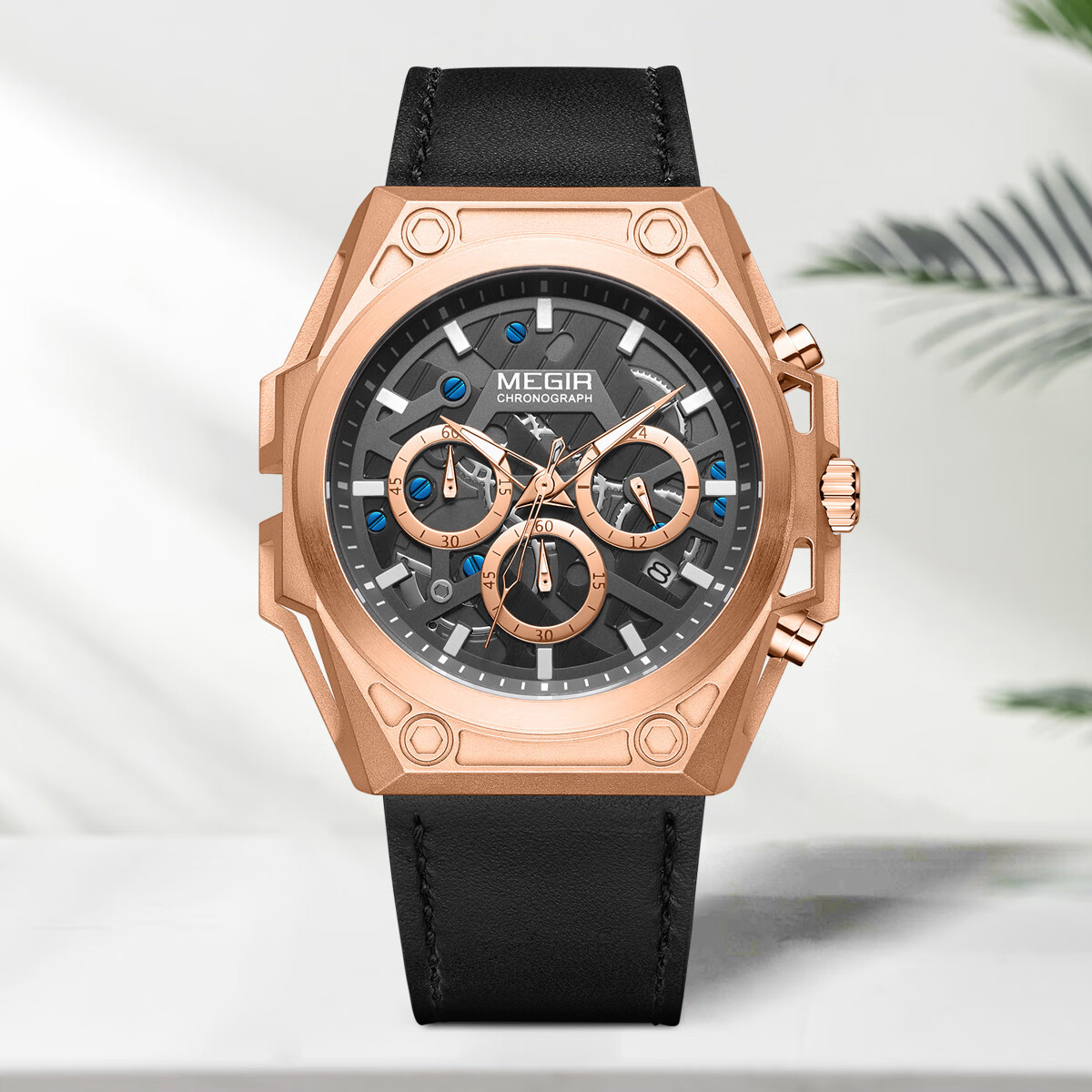 megir立体表面运动男士手表多功能夜光皮带石英男表潮流个性 玫壳黑面