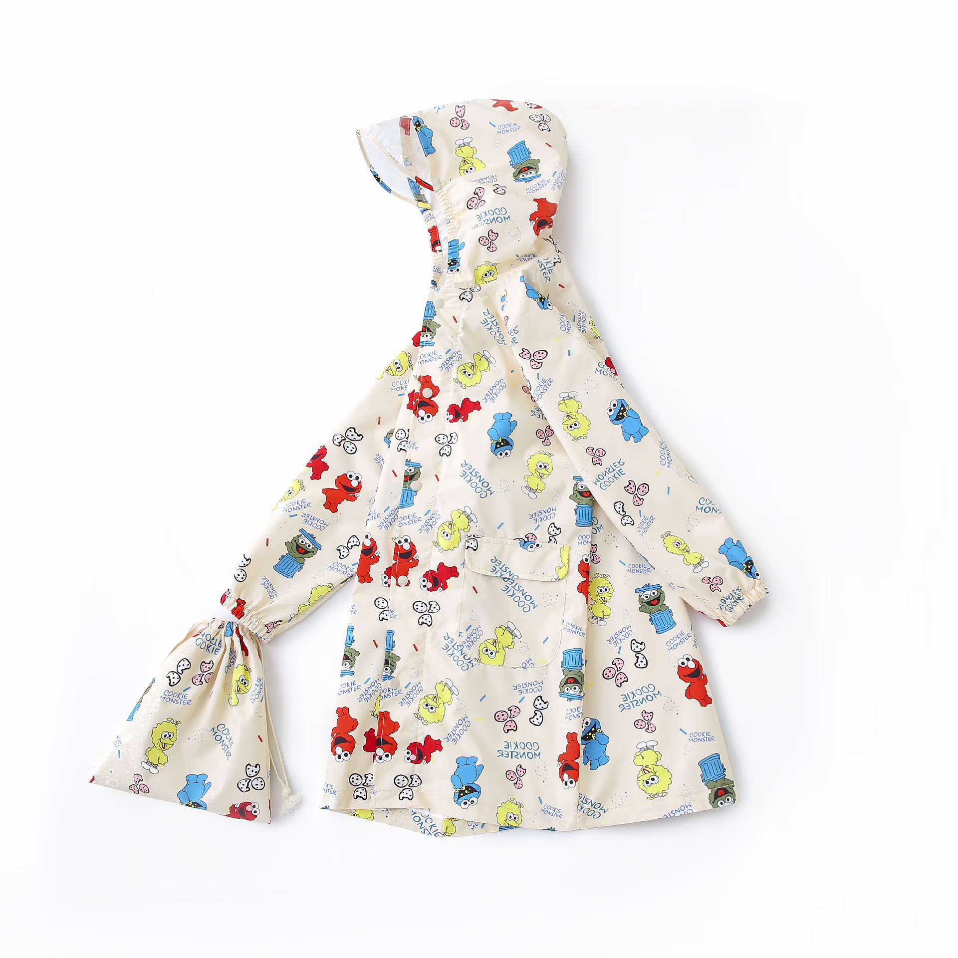 芝麻女童幼儿小学生全身连体男童带位雨披 新米色芝麻街儿童雨衣 s