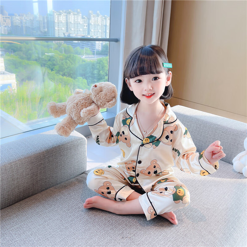 儿童睡衣女童春秋季薄款居服套装宝宝夏装空调服 布偶熊长袖套装 80cm