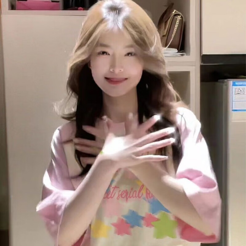 雷黛茜100%美式ins宽松oversize慵懒风粉色插肩袖短袖T恤女显白显瘦 粉拼杏星星200克优质版 S 70-85