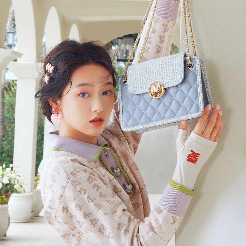欧时纳(JUST STAR)女生包包2024新款呢子菱格链条包时尚百搭高级感单肩斜挎包小方包 抹茶绿