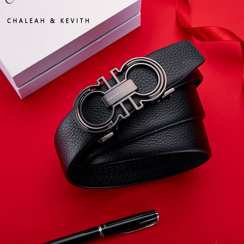 CHALEAH&KEVITH男士时尚高档皮带真皮新款男腰带自动扣牛皮休闲商务裤带潮年轻人 黑色-曜黑 130cm