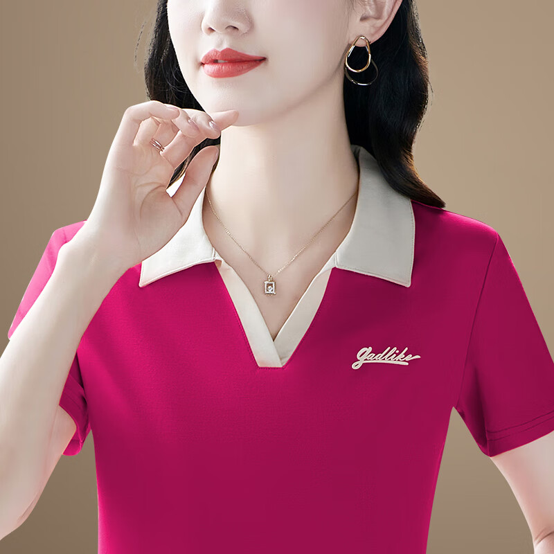 纖飛露POLO衫短袖t恤女夏季新款高端天絲棉帶領(lǐng)T恤百搭休閑半袖上衣體恤 火龍果色 L建議穿95-109斤