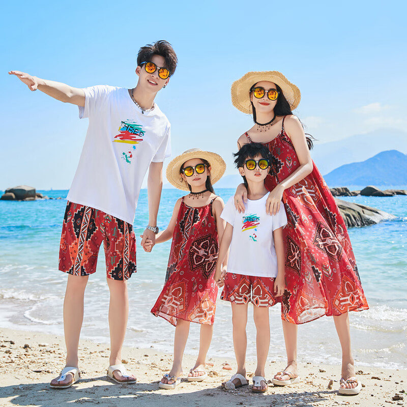 悦海悦贝亲子装一家三口海边度假沙滩裙三亚旅游母女装大码显瘦连衣裙沙漠 红色 女宝9（身高95以下）