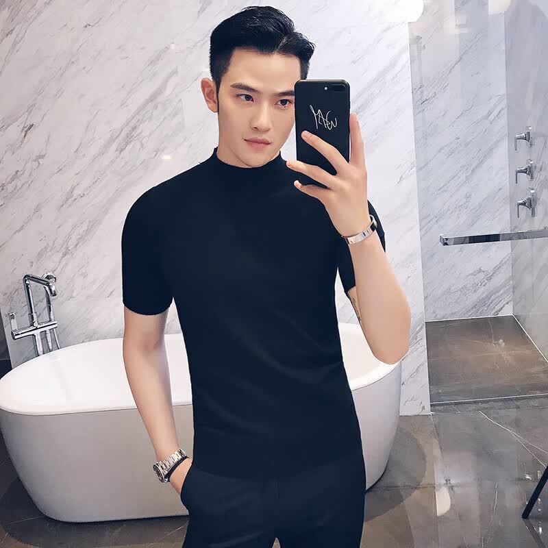 LUO ELEMENT男士毛衣半高领春秋内搭短袖针织衫男紧身中领纯色线衣修身打底衫 黑色 短袖 4XL 160-175斤