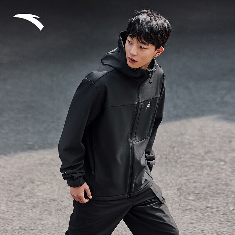 安踏（ANTA）火壳软壳衣丨大地之壳2.0运动外套男冬季耐磨加绒连帽夹克 基础黑-3 S (/165)
