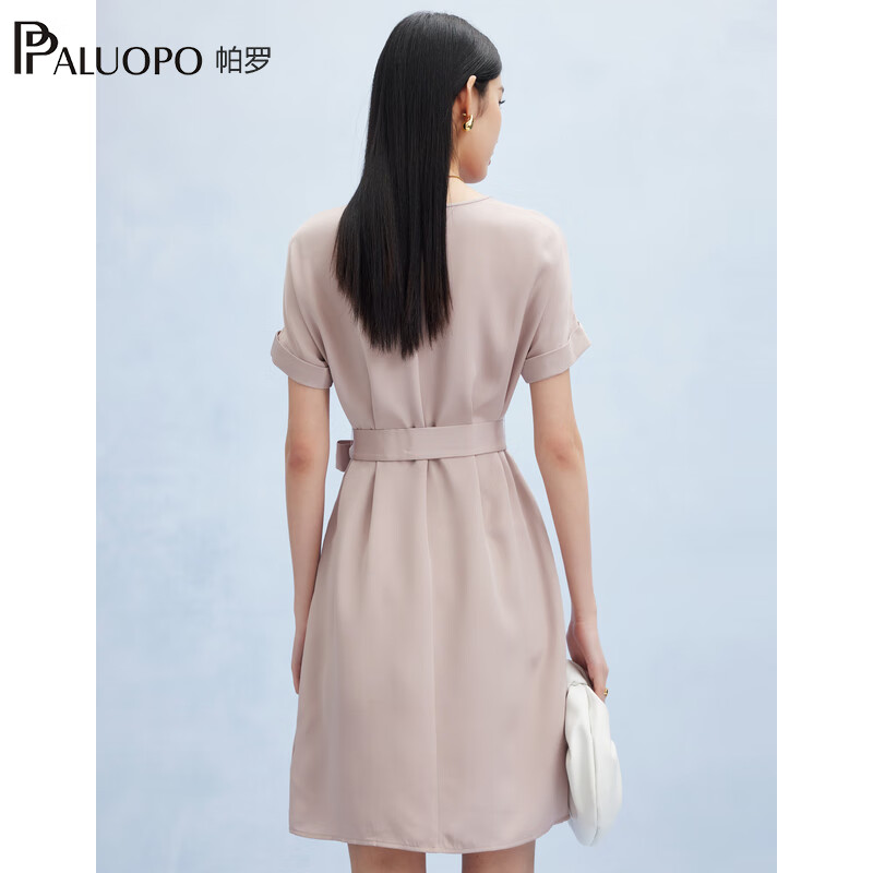帕罗（PALUOPO）新款22姆米重绉圆领纯色短袖连衣裙重磅真丝高腰销售系带淑女裙子 粉紫 S (155/80A)