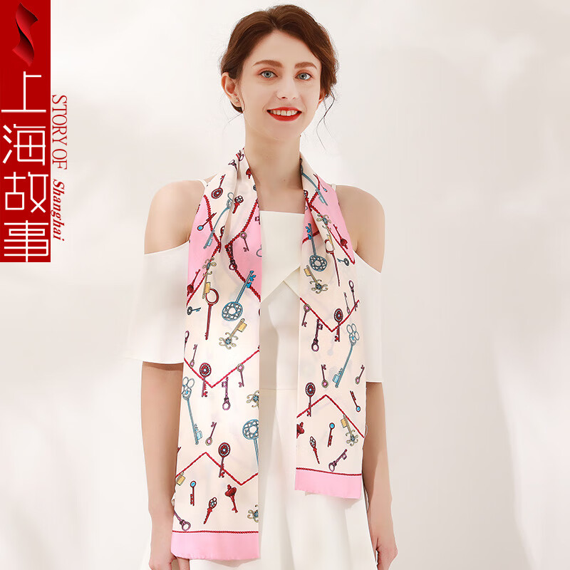 上海故事韓版窄邊文藝風(fēng)長巾女士絲巾發(fā)帶領(lǐng)巾綁包包絲巾春夏季送媽媽禮物 鑰匙秘密 140cm*15cm