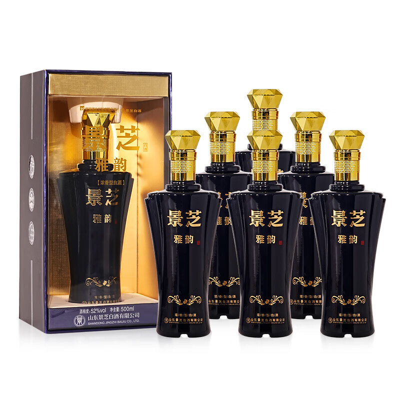 景芝雅韵 52度浓香型白酒500ml 纯粮酒送礼商务宴请白酒整箱山东白酒 52度 500mL 6瓶 原箱配3个手提袋