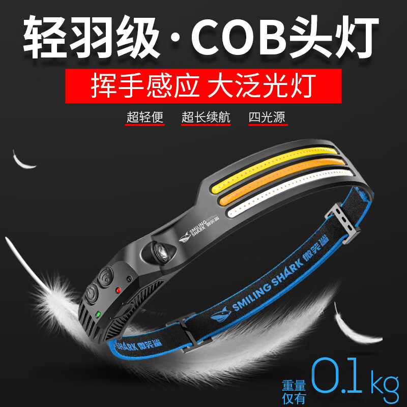 微笑鲨头灯强光充电超亮头戴式照明灯led超长续航感应户外夜钓钓鱼专用 白光【挥手感应+帽夹】双灯