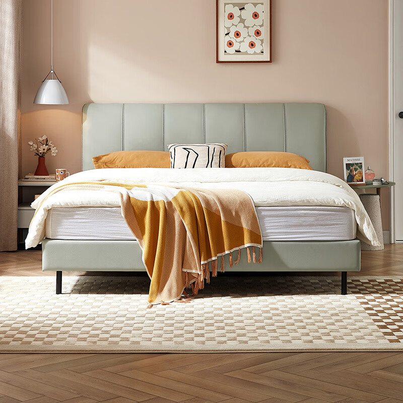 林氏家居牛皮艺床主卧软包大床2024年新款网红家具林氏木业pc062【p】