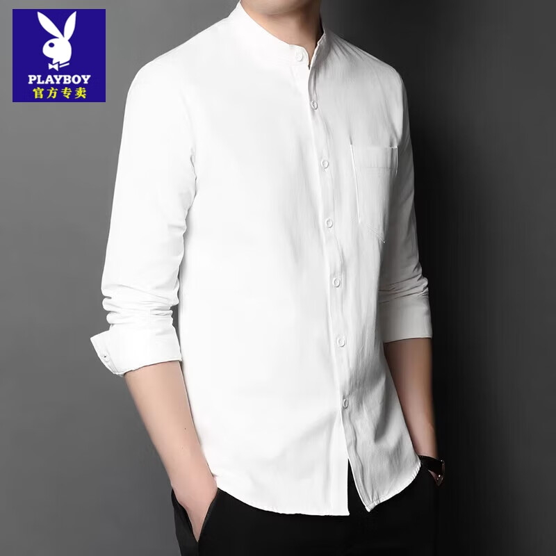 花花公子（PLAYBOY）纯棉长袖衬衫男加绒加厚秋冬季立领外套衬衣潮男士休闲上衣 白色 M 165