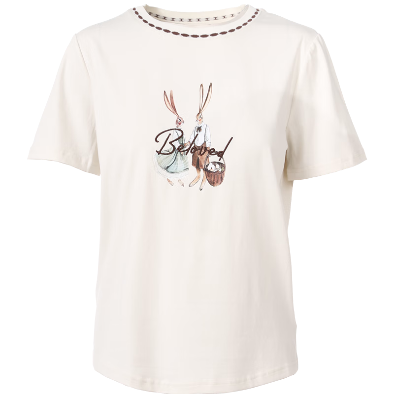 百图betu女装夏季新款T恤撞色圆领兔子印花绣花图案短袖女2406T18 米白 M