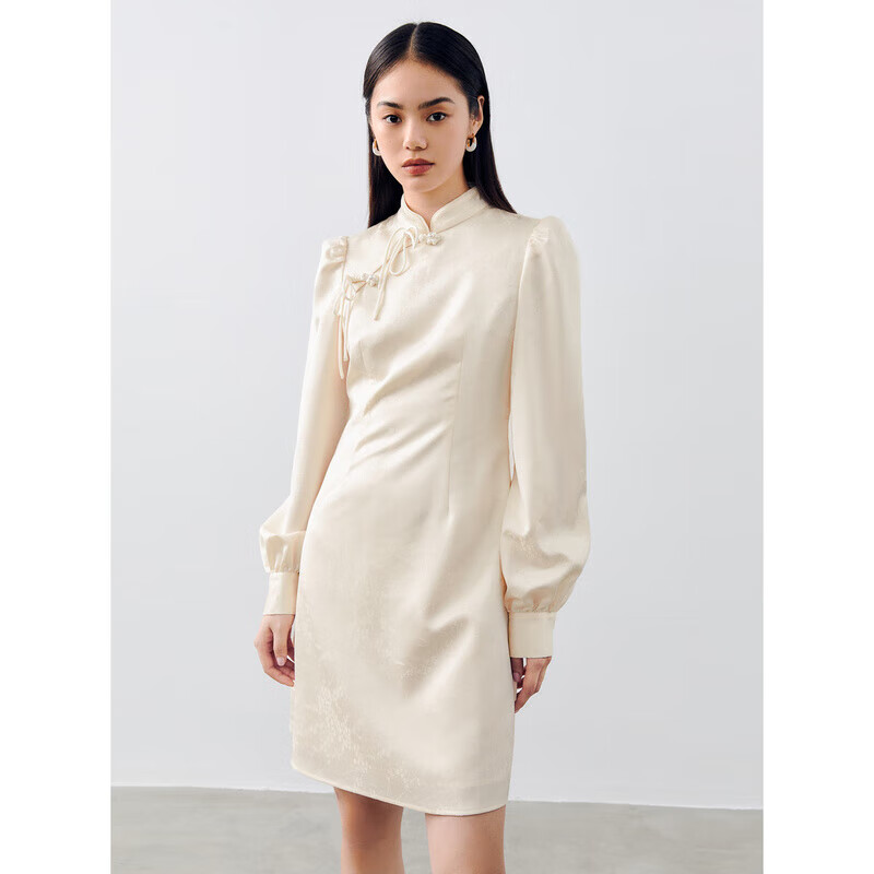 太平鸟女装连衣裙【京东独享】春新中式改良旗袍国风裙子 米色 S