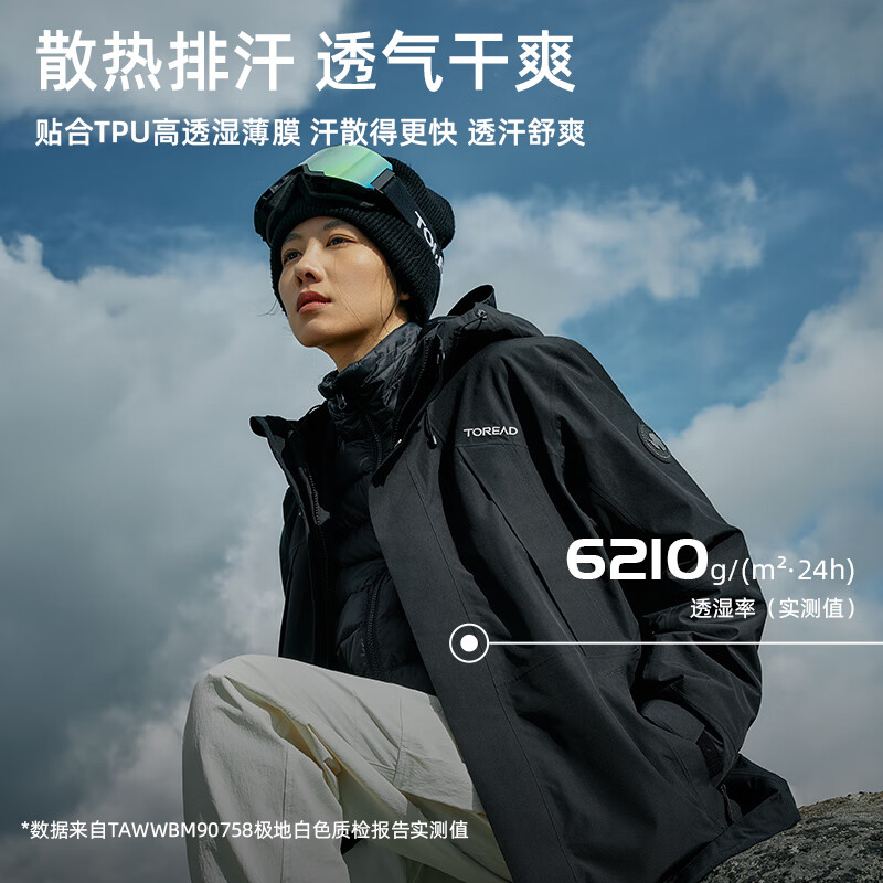 探路者（TOREAD）【极光】冲锋衣男三合一套羽绒内胆外套秋冬户外防风保暖登山服女 极地白黑色 鸭绒内胆 L 抗寒-20℃