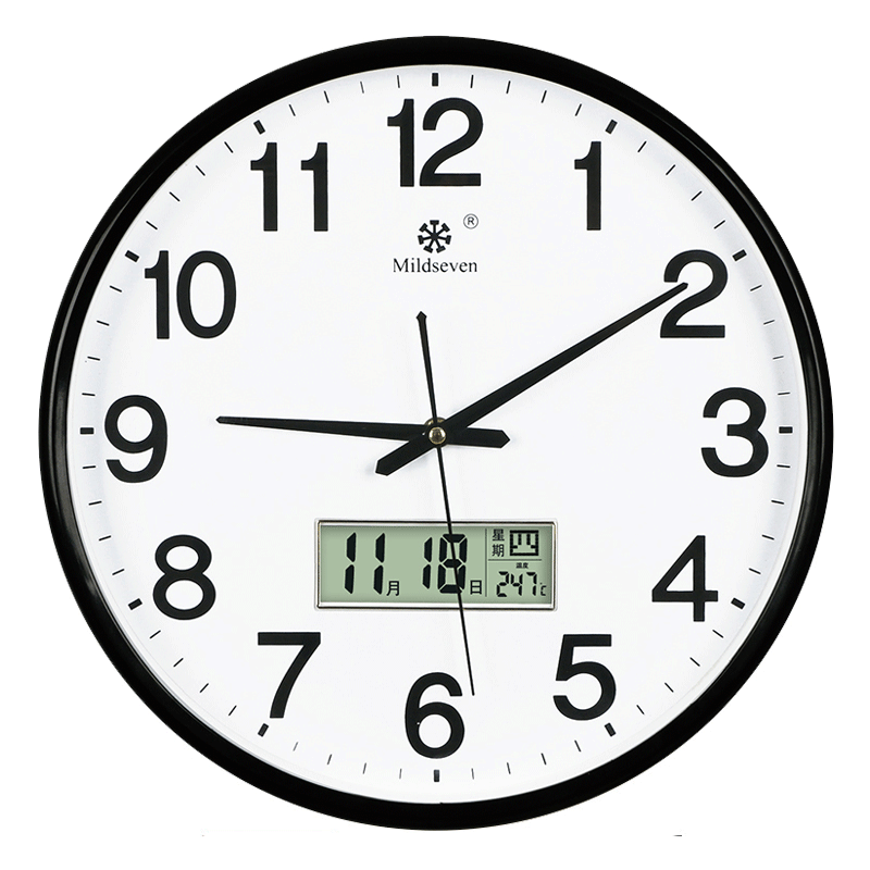 七王星電波鐘自動對時(shí)鐘表掛鐘客廳時(shí)鐘家用輕奢鐘表掛鐘客廳 電波鐘-黑邊日歷-不夜光 33cm 13英寸(直徑)