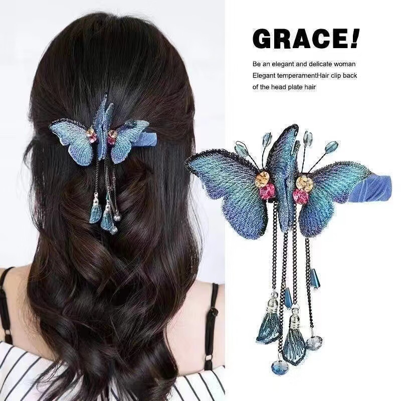 梦幻流苏蝴蝶弹簧夹精美后脑勺发夹发卡 蓝蝶流苏弹簧夹