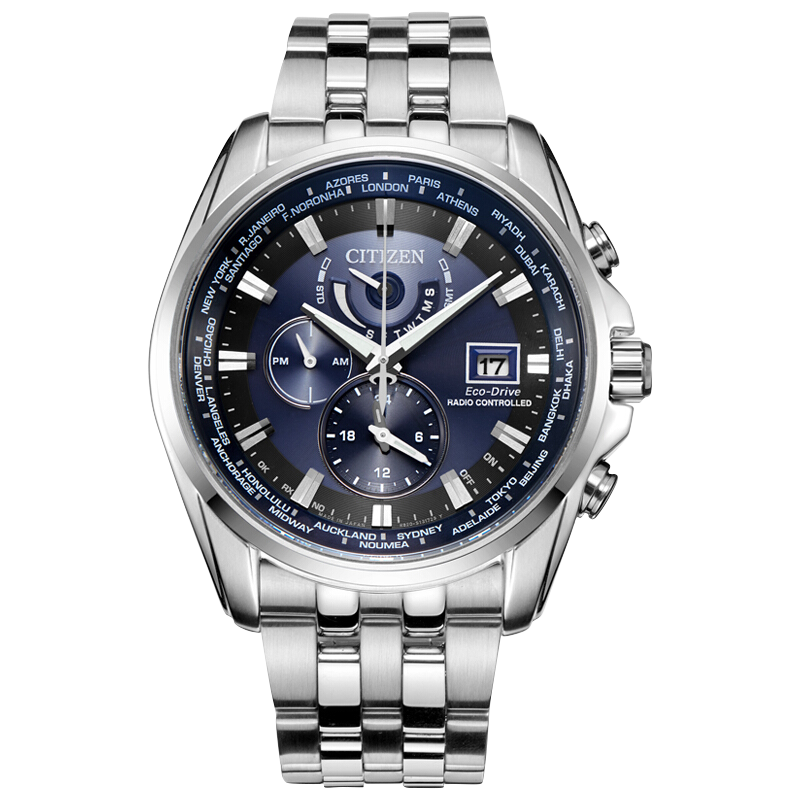 西鐵城光動(dòng)能手表多局電波表鋼帶萬年歷時(shí)尚商務(wù)休閑防水夜光男新年禮物 AT9031-52L【香港直郵】