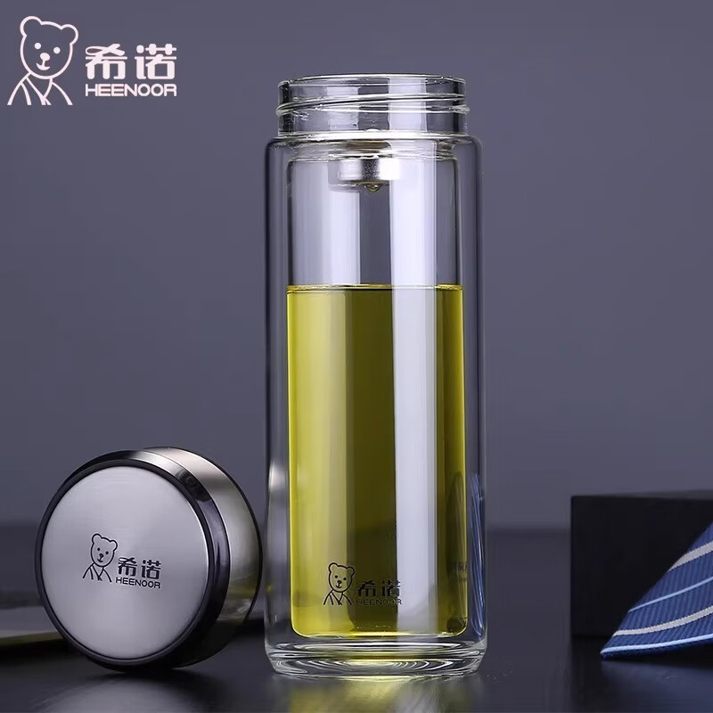希诺(heenoor)双层玻璃杯男士高档办公车载水杯家用高硼硅隔热防烫大容量泡茶杯 6711本色-315ml-正品小熊杯盖