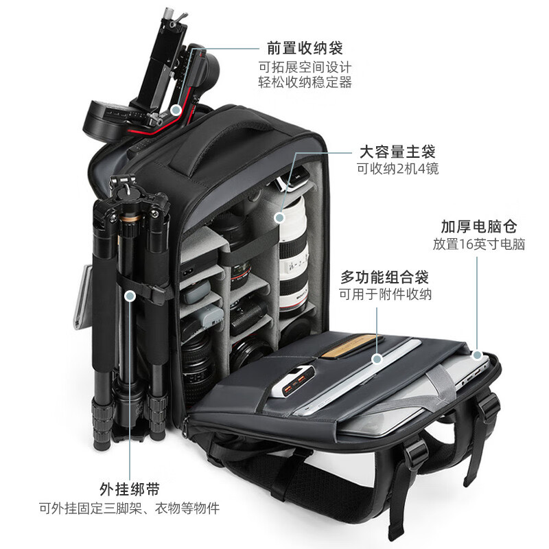 单反相机包多功能大容量户外旅行便携摄影包收纳稳定器包适用佳能 黑色(前置可扩容稳定器仓)